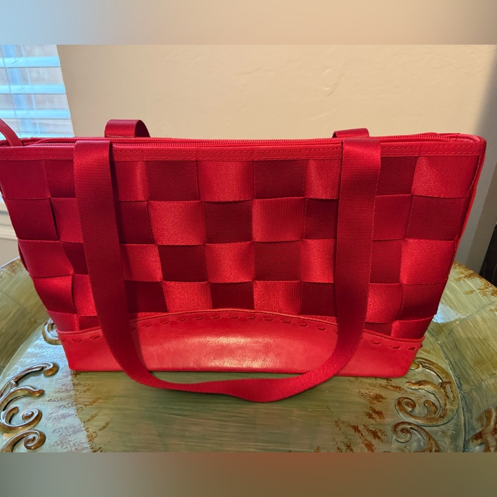 Red Lattice Fabric and Leather Purse NWOT